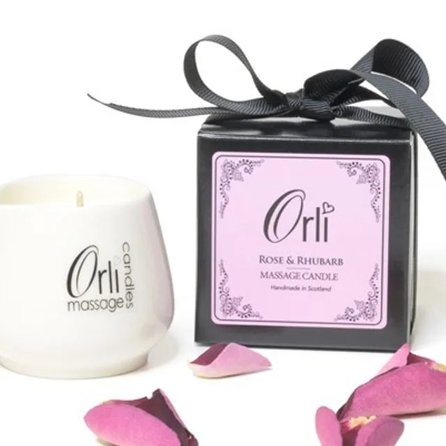 Rose & Rhubarb Ceramic Massage Candle with Gift Box/Ribbon - 50g