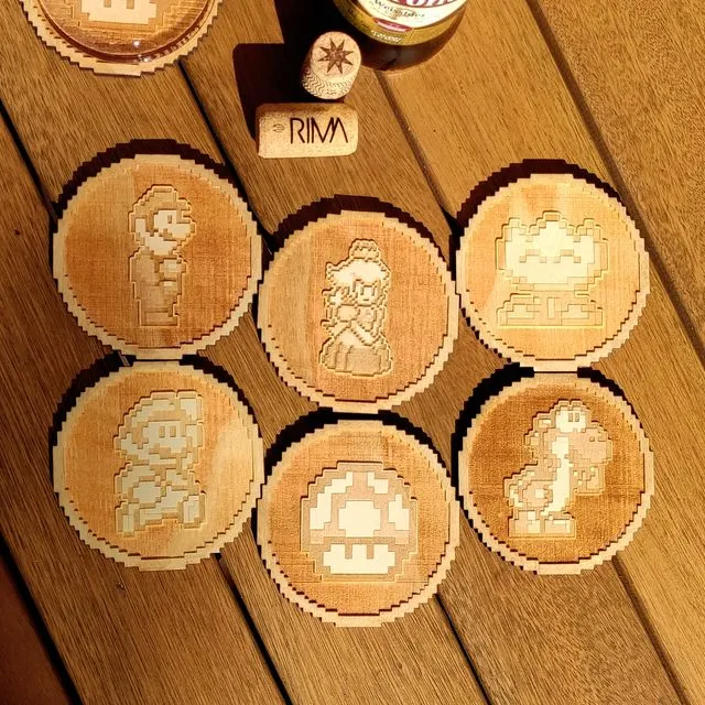 Set of 6 Super Mario Bros Wood Coasters - Housewarming Gift - Nintendo - Table Setting