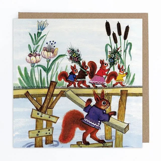Red Squirrels on the Bridge Greeting Card