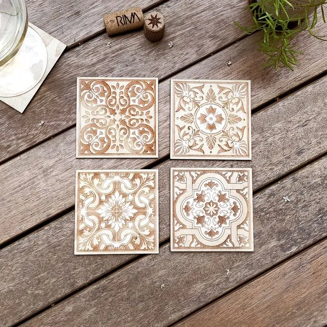 Set of 4 Portuguese Tiles Wood Coasters - Minimalism - Modern Coasters - Table Setting