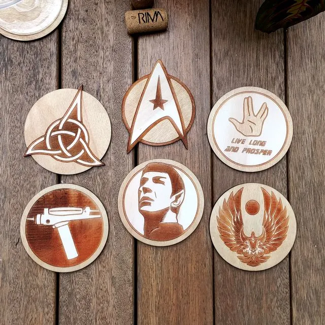 Set of 6 Star Trek Wood Coasters - Housewarming Gift - Cup Holders - Table Setting