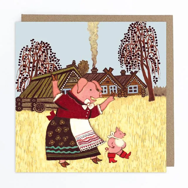Mother Pig and Piglet in Red Boots Greeting Card