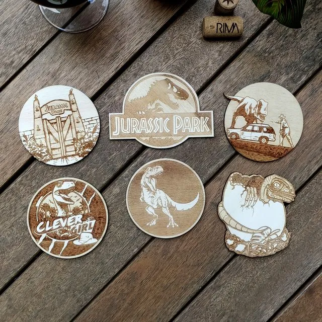 Set of 6 Jurassic Park Wood Coasters - Housewarming Gift - Dinousaurs - Table Setting