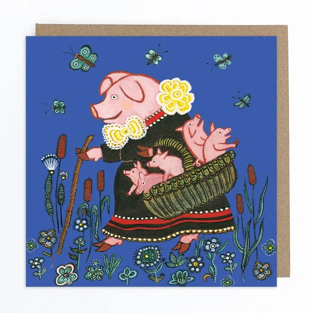 Mother Pig and Piglets Blue Greeting Card