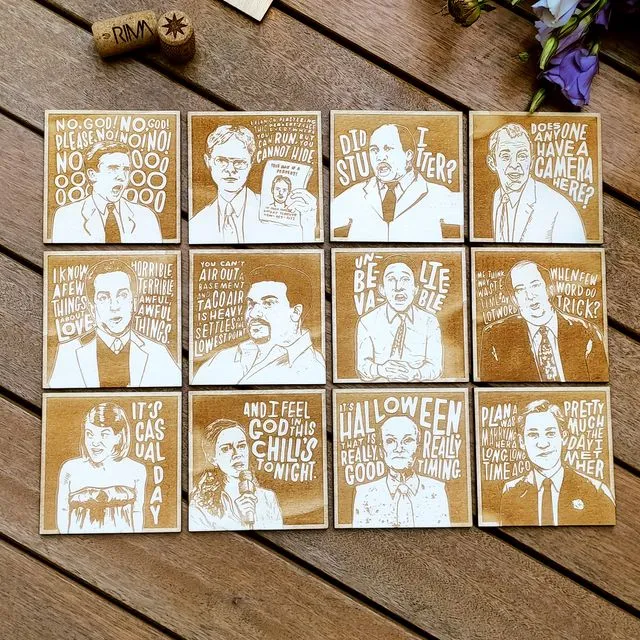 Set of 12 The Office Wood Coasters - Housewarming Gift - Cup Holders - Table Setting