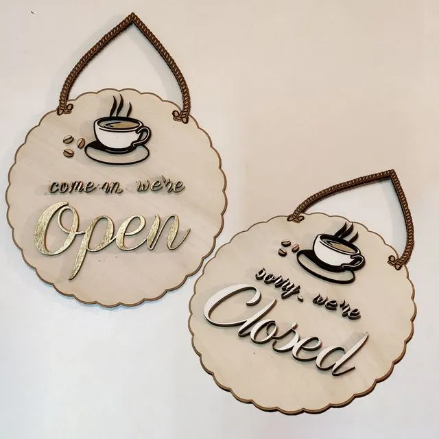 Reversible Open Closed Wooden Sign - Coffee Shop - Layered Art
