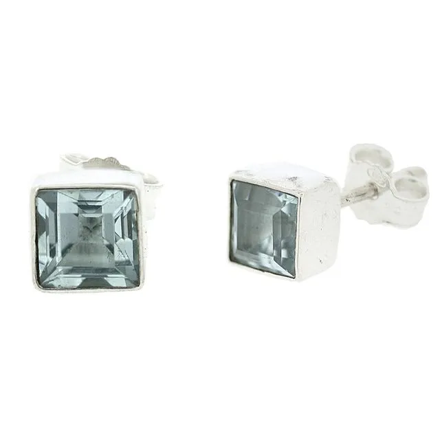 Blue Topaz Small Square Stud Earrings with Presentation Box