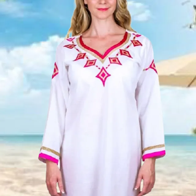 White with Shocking Pink ‘Nefertiti In Ibiza’ Cotton Kaftan