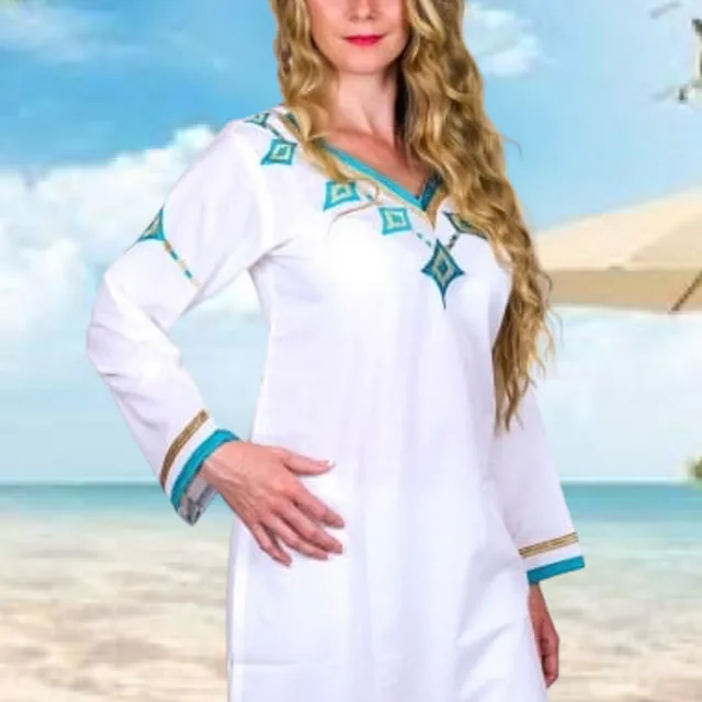 White with Turquoise ‘Nefertiti In Ibiza’ Cotton Kaftan