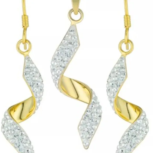 Evoke Sterling’n’Ice Sterling Silver Gold Plated Crystal Swirl Drop Earring and Pendant Set with 18" curb Chain