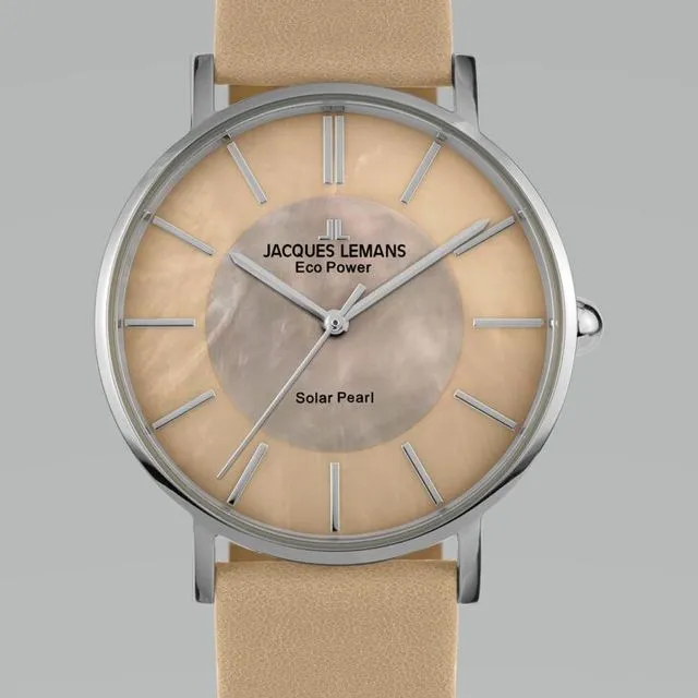 Jacques Lemans Eco Power Solar Mother of Pearl Leather Strap Women's Watch