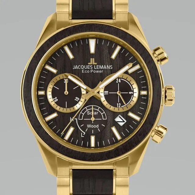 Jacques Lemans Eco Power Solar Wood Chronograph Gold Plated Men's Bracelet Watch