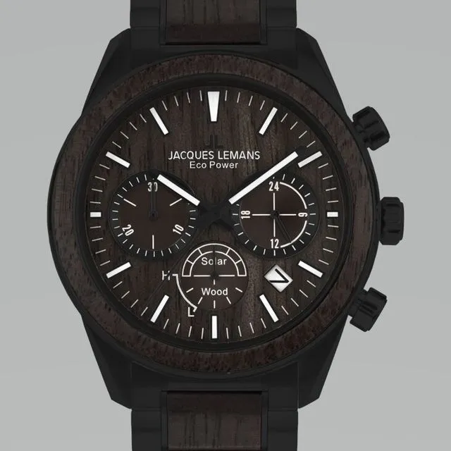 Jacques Lemans Eco Power Solar Wood Chronograph Black Men's Bracelet Watch