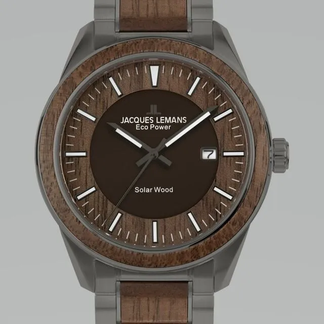 Jacques Lemans Eco Power Solar Wood Stainless Steel Grey Men's Bracelet Watch