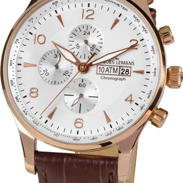 Jacques Lemans London Chronograph Leather Strap Rose Gold Plated Men's Watch