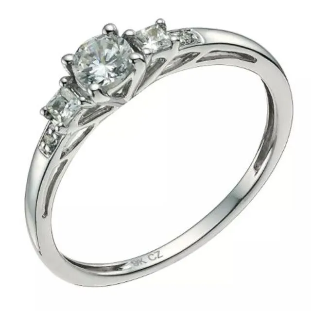 9ct White Gold White CZ Round And Square Ring