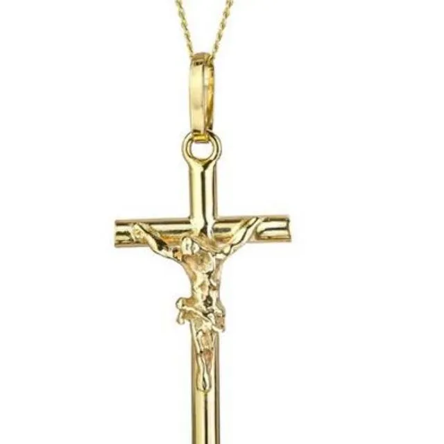 9ct Yellow Gold Crucifix Cross Pendant On 18" Curb Chain