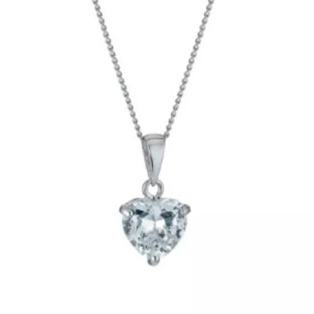 9ct White Gold Cubic Zirconia Heart Pendant On 18" Curb Chain