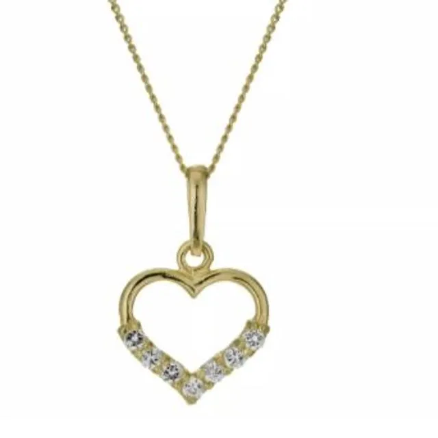 9ct Yellow Gold CZ Heart Pendant on 18" Curb Chain