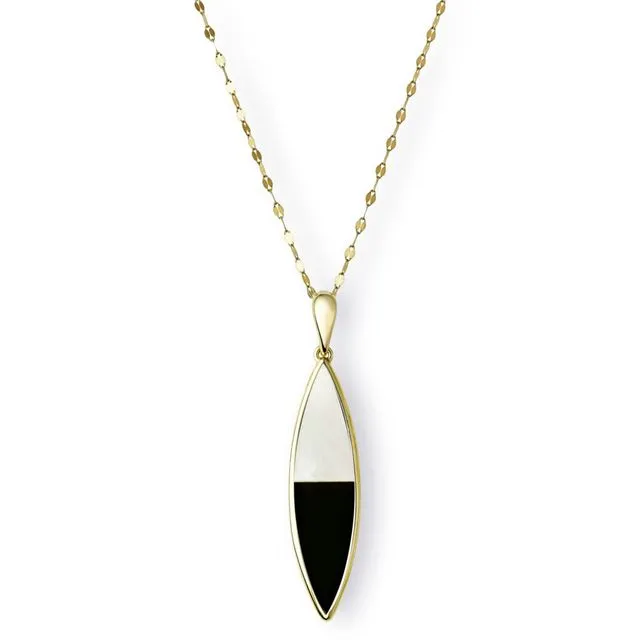 9ct Yellow Gold 30X7.6mm Mrqse MOP & Onyx Pendant With 18 Inch Chain