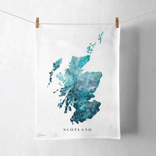 Turquoise Scotland Watercolour Map Organic Cotton Tea Towel