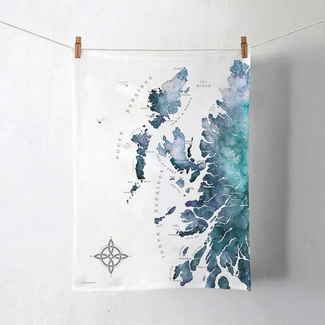 Scottish Hebrides Watercolour Map Organic Cotton Tea Towel