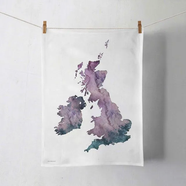 UK Purple Watercolour Map Organic Cotton Tea Towel