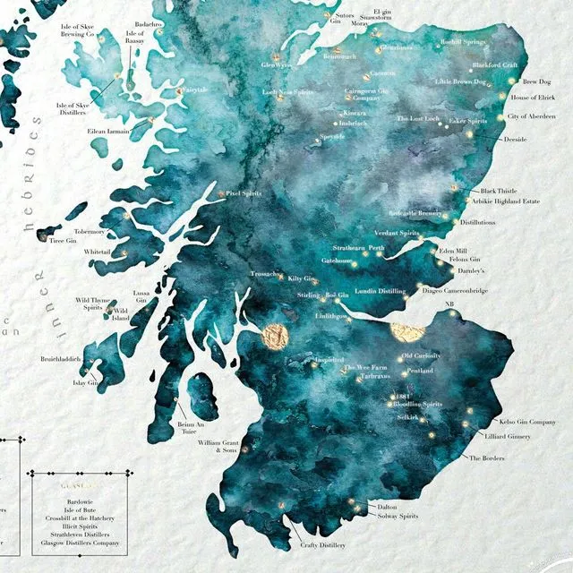 A3 Gin Distilleries Map - Turquoise