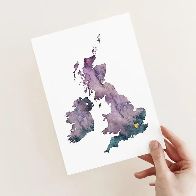 UK Watercolour Map (Plain Print With Gold Heart)