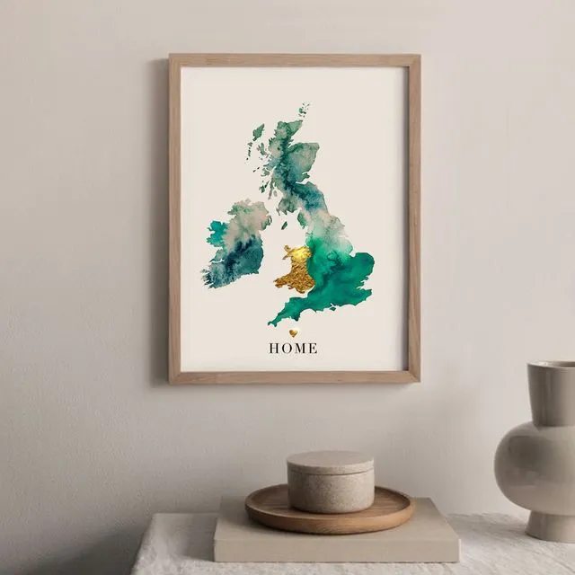 Uk Personalised Watercolour Map Print (Print With Gold Paint & Heart)