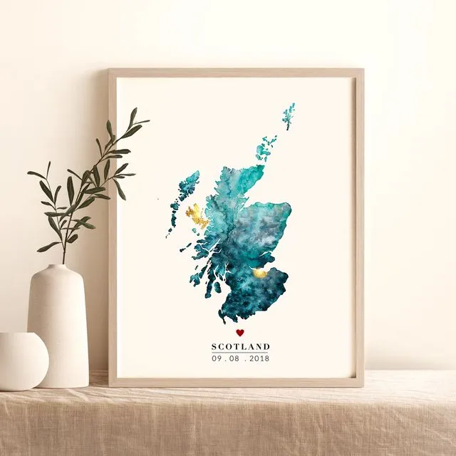 Scotland Watercolour Map Print (Print With Gold Paint & Heart)