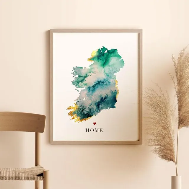 Ireland Watercolour Personal Map Print (Print With Gold Paint & Heart)