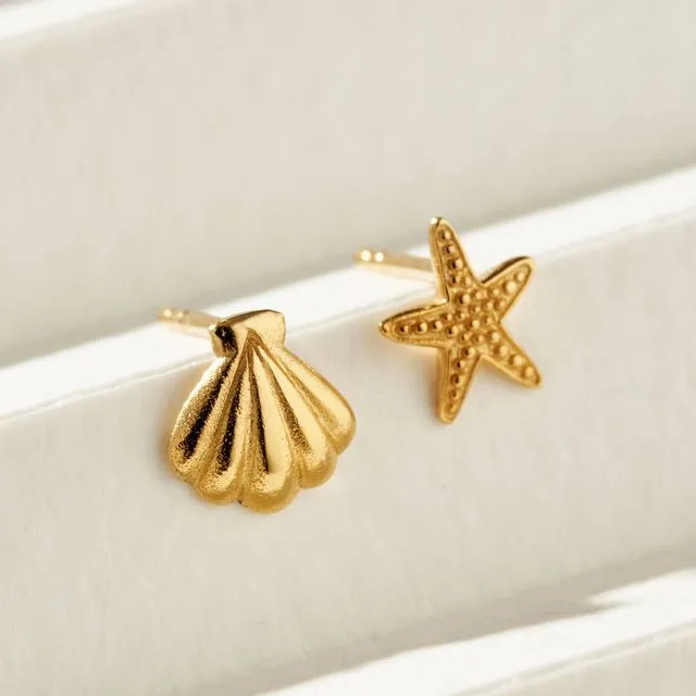 Yellow Gold Starfish And Shell Stud Earrings