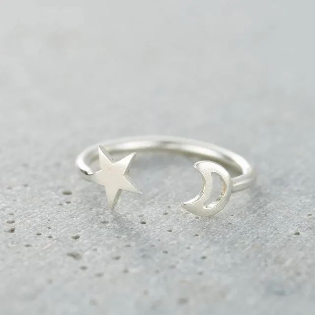Sterling silver Moon And Star Open Ring