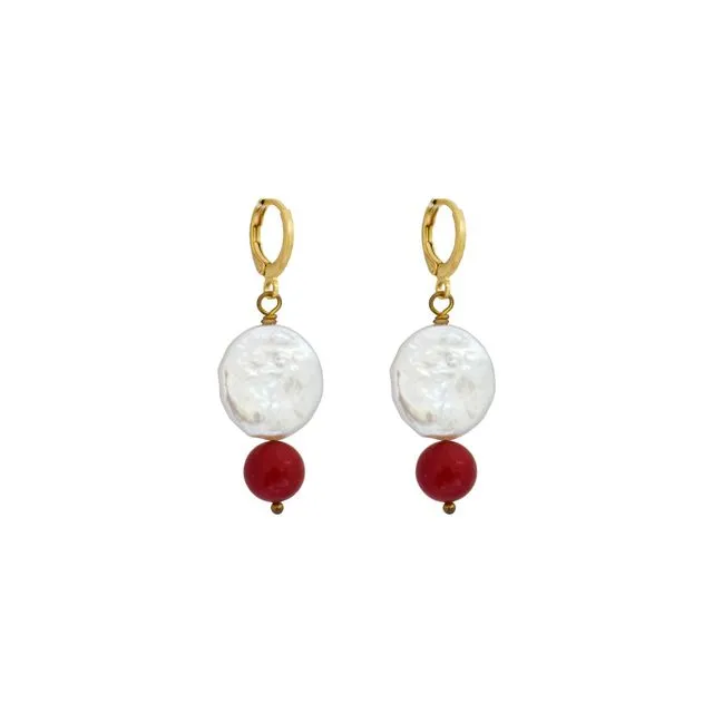 Coin Pearl Earrings with coral