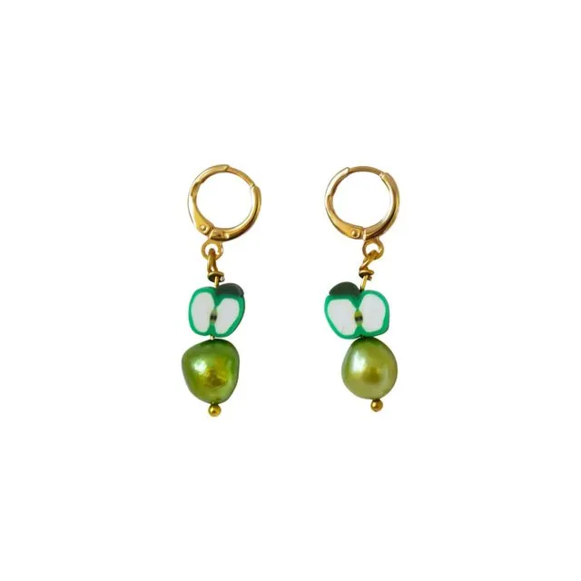 Green apples and green freshwater pearl earrings