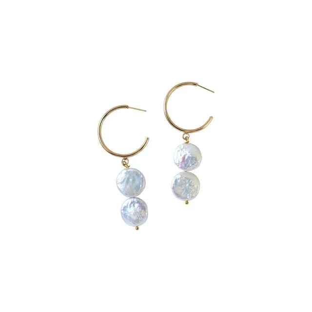 Silver Double Pearl Hoop freshwater pearl earrings
