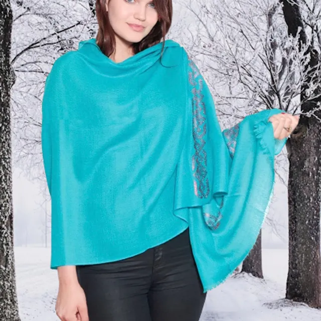 Turquoise Cashmere Shawl with Pink Swarovski Crystals