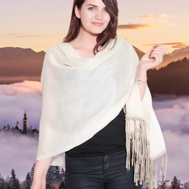 Cream Pure Cashmere Shawl with Blush Pink Suede Fringe