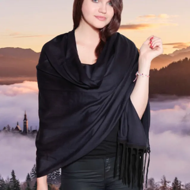Black Pure Cashmere Shawl with Black Suede Fringe