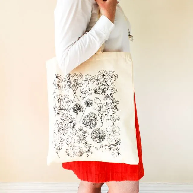 Flowers Screen Printed Cotton Tote Bag | Hand Drawn Design by Gemma Keith