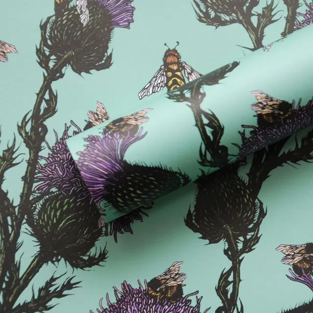 Thistles & Bees Gift Wrapping paper on teal 5 sheet pack