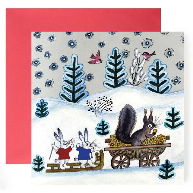 Squirrel and Bunnies in a Sledge Blank Christmas Card