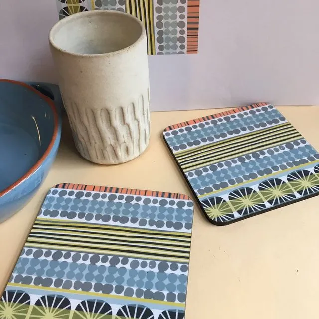Set of 4 original printed coasters in sunburst stripe print