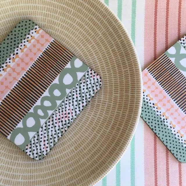 Set of 4 original printed coasters in olive and pink textured stripe
