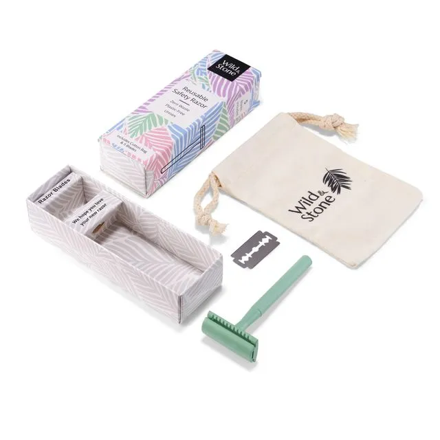 Reusable Safety Razor for Women & Men - Includes 5 Blades and Travel Bag Green
