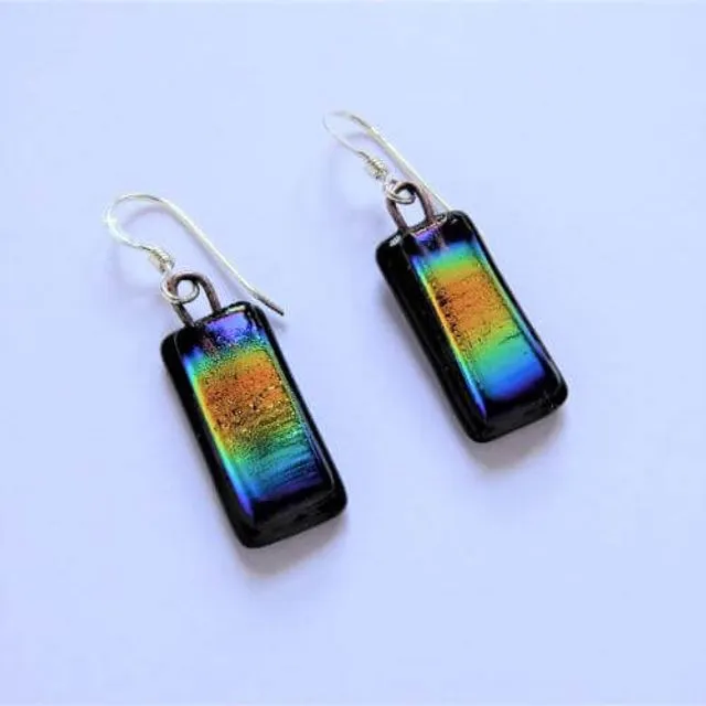 Dichroic glass drop earrings - rainbow stripe