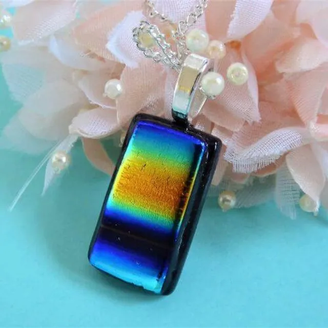 Dichroic glass pendant - rainbow stripe on black