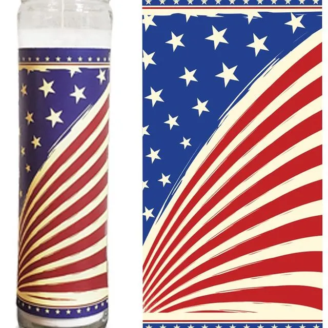 Stars and Stripes American Flag Candle - 8" white, unscented, glass