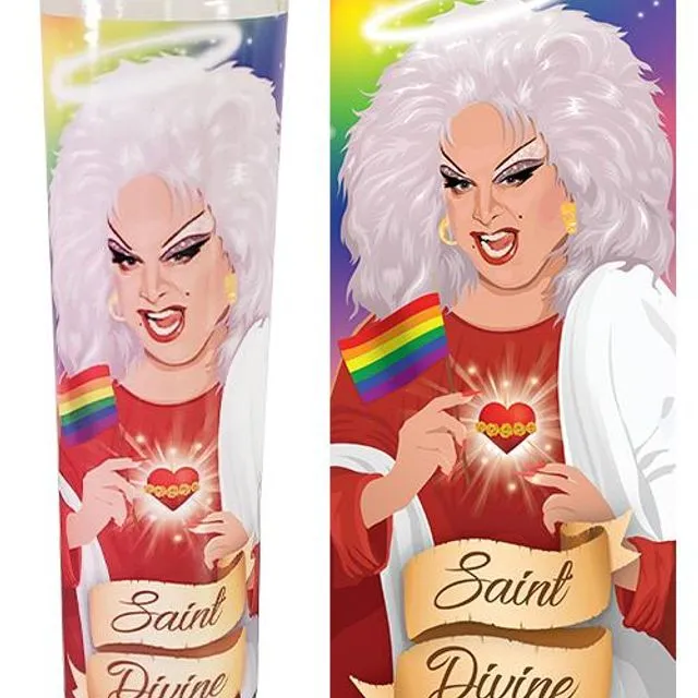 Saint Divine Queen of Filth Drag Gay Queer LGBTQ+ Pride Icon Celebrity Prayer Devotional Parody Candle - Funny, Novelty Gift - 8" white, unscented, glass